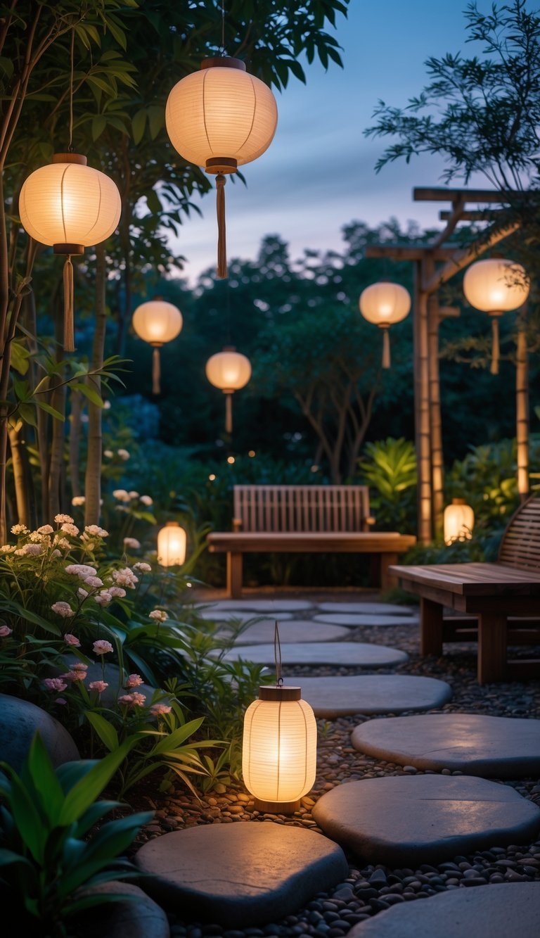 Meditation Garden Ideas: 10 Essential Designs for Creating Your Perfect Calm Space in the US 13 A peaceful garden with hanging lanterns glowing softly among plants and stone pathways at dusk.