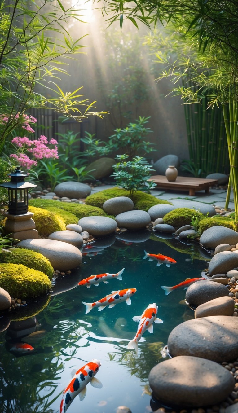 Meditation Garden Ideas: 10 Essential Designs for Creating Your Perfect Calm Space in the US 14 A small koi pond surrounded by stones, plants, and a wooden bench in a peaceful garden setting.
