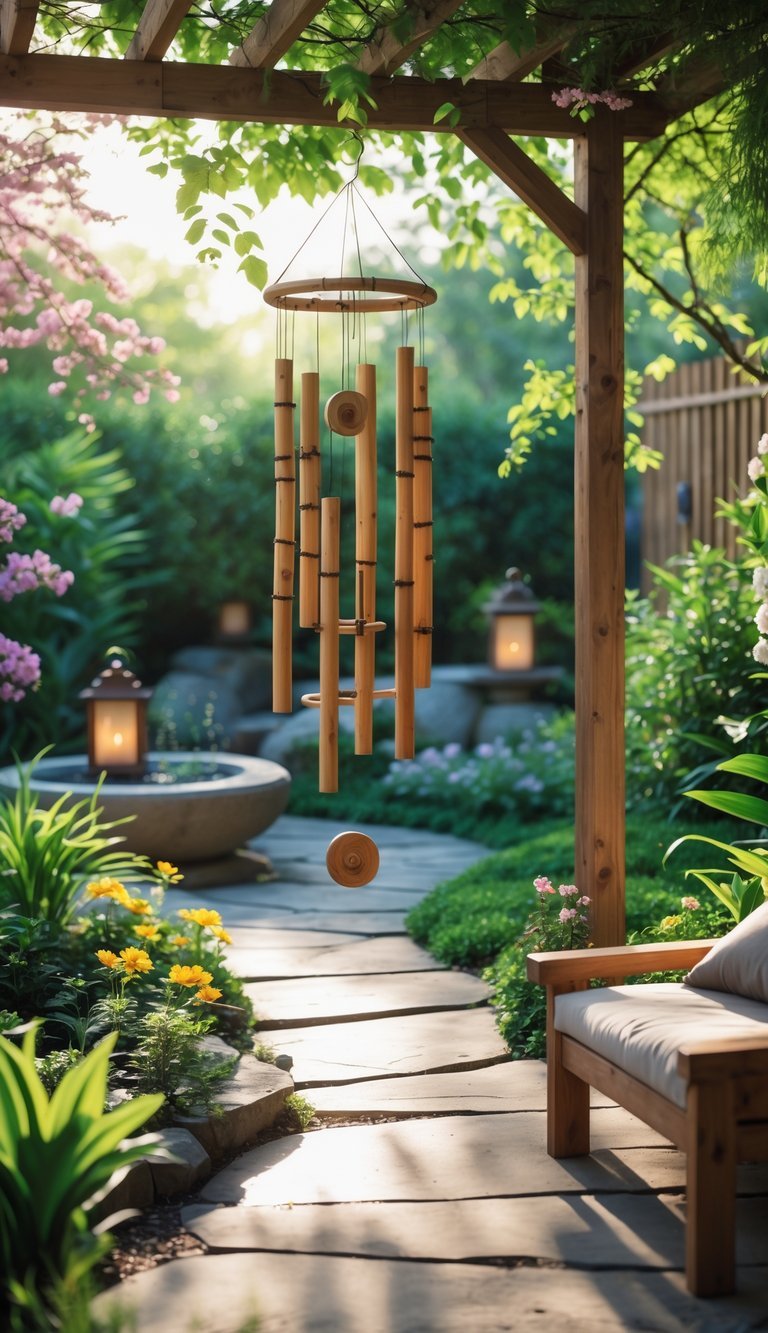 Meditation Garden Ideas: 10 Essential Designs for Creating Your Perfect Calm Space in the US 15 A peaceful meditation garden with a wooden pergola holding bamboo and metal wind chimes, surrounded by green plants, flowers, a stone path, and a wooden bench.