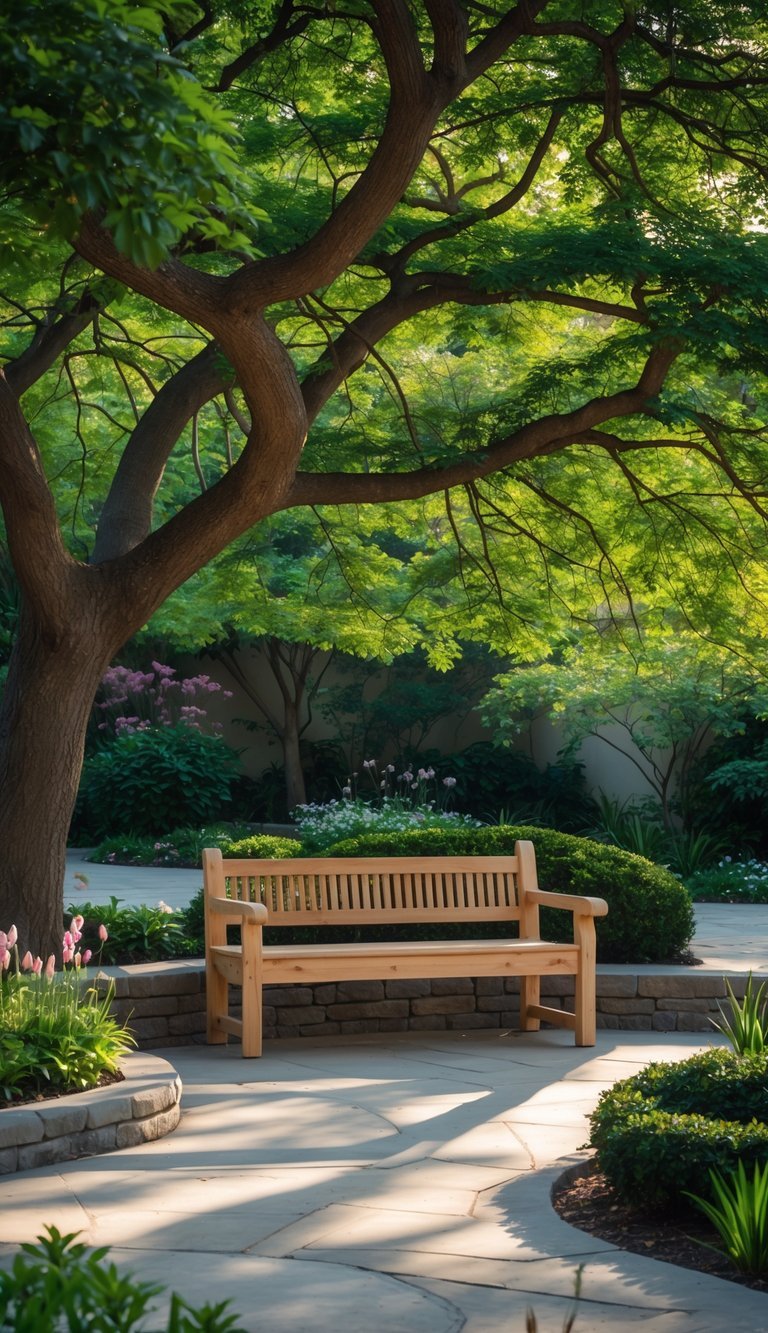 Meditation Garden Ideas: 10 Essential Designs for Creating Your Perfect Calm Space in the US 16 A wooden bench shaded by large trees in a peaceful garden with plants and stone pathways.