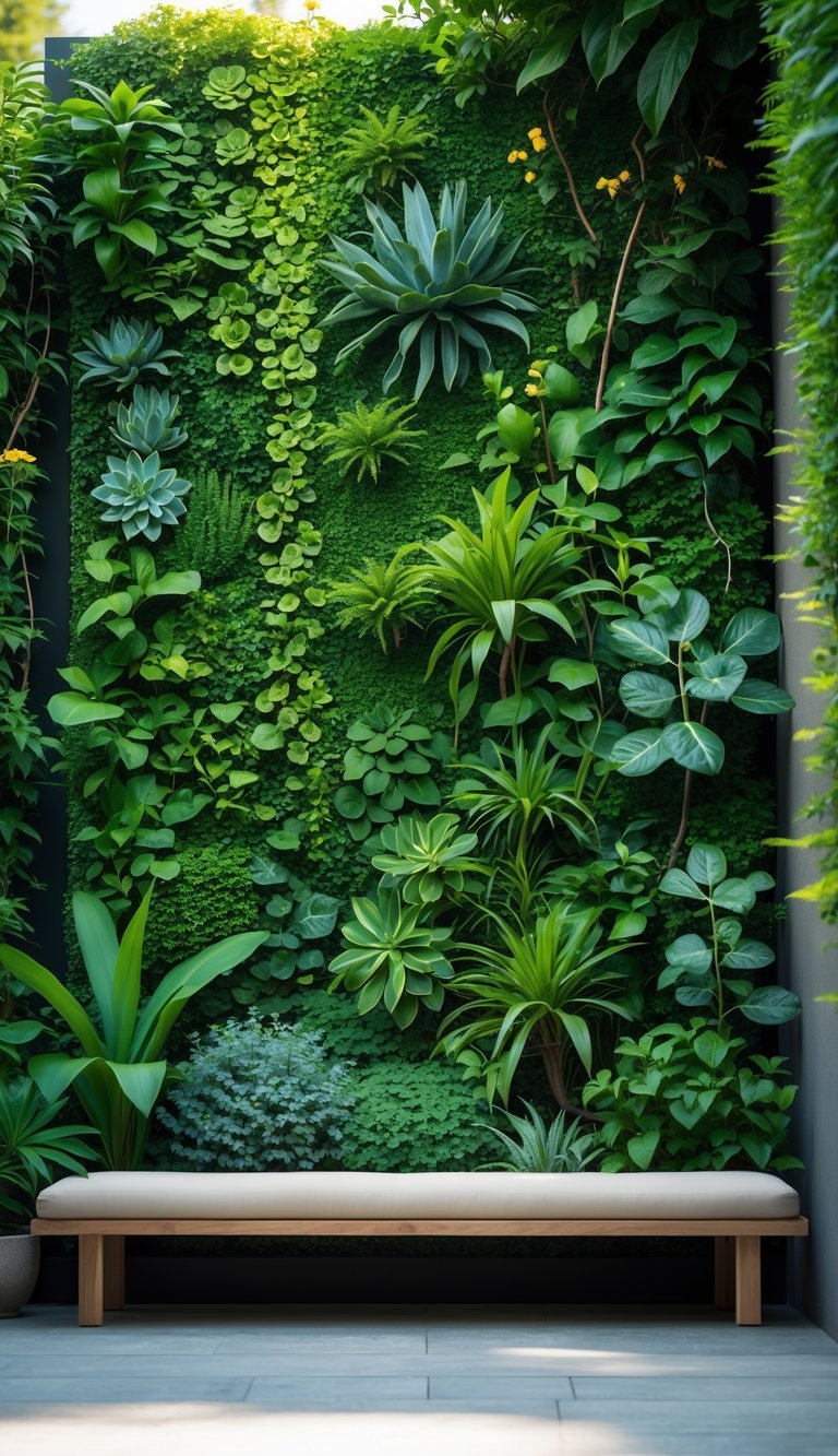 Meditation Garden Ideas: 10 Essential Designs for Creating Your Perfect Calm Space in the US 17 A peaceful meditation garden with a lush vertical garden wall covered in green plants and a wooden bench in front.