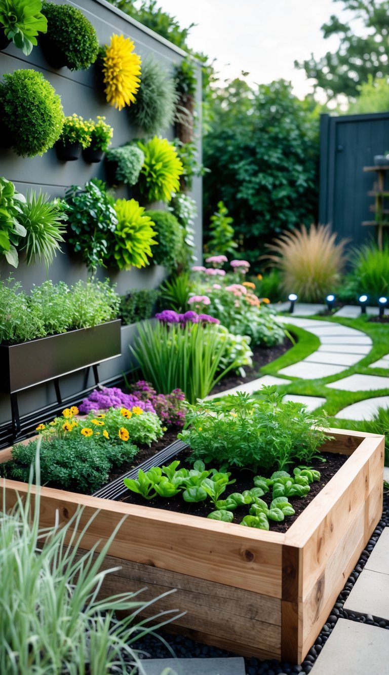 A backyard garden with a vertical plant wall, raised wooden garden beds with herbs and vegetables, solar garden lights, and a stone pathway surrounded by plants.