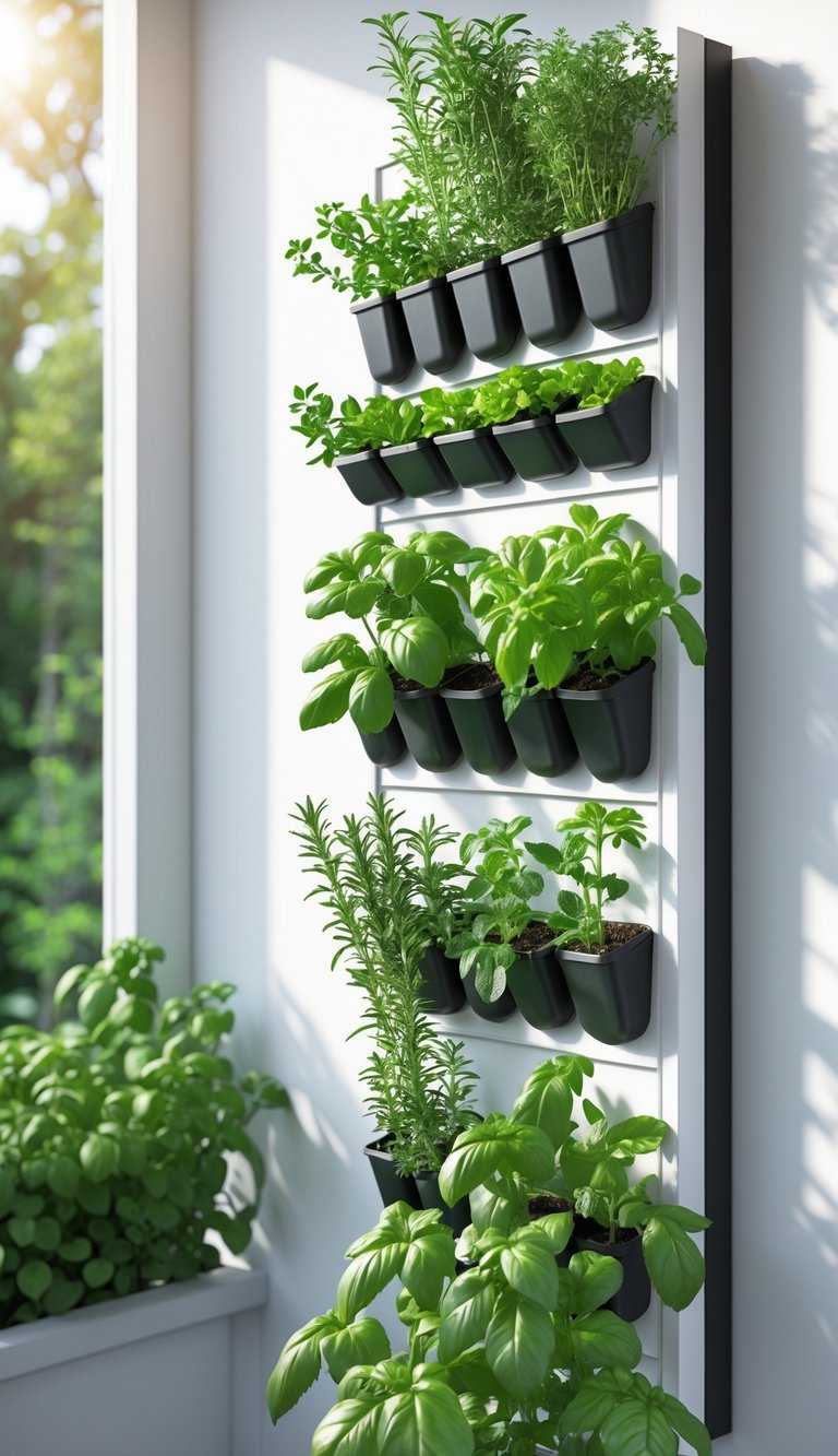 A vertical herb garden with various green herbs growing in small pots arranged on a wall.
