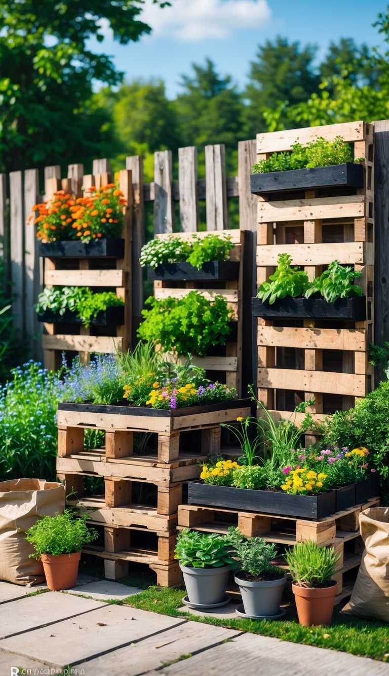 A garden scene with wooden pallet planters filled with colorful flowers and plants arranged vertically and horizontally outdoors.