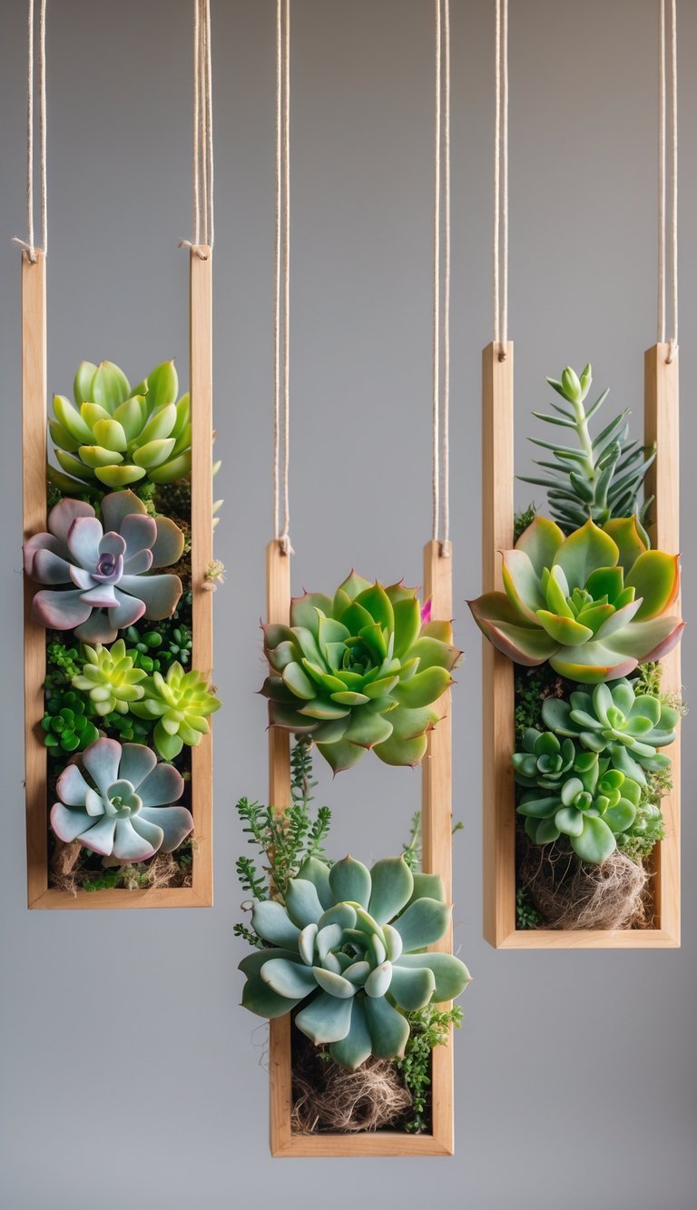 Three hanging wooden frames filled with various green succulents suspended against a plain background.