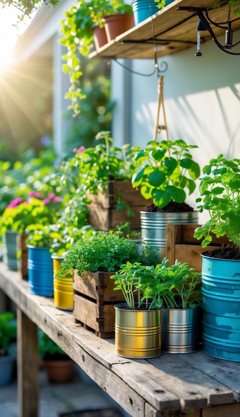 A variety of plants growing in repurposed containers like wooden crates and metal buckets arranged on a wooden table outdoors.