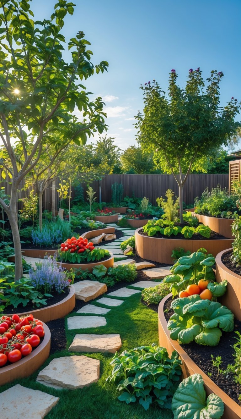 A vibrant garden with fruit trees, vegetables, herbs, and flowers arranged in raised beds and pathways under a clear sky.