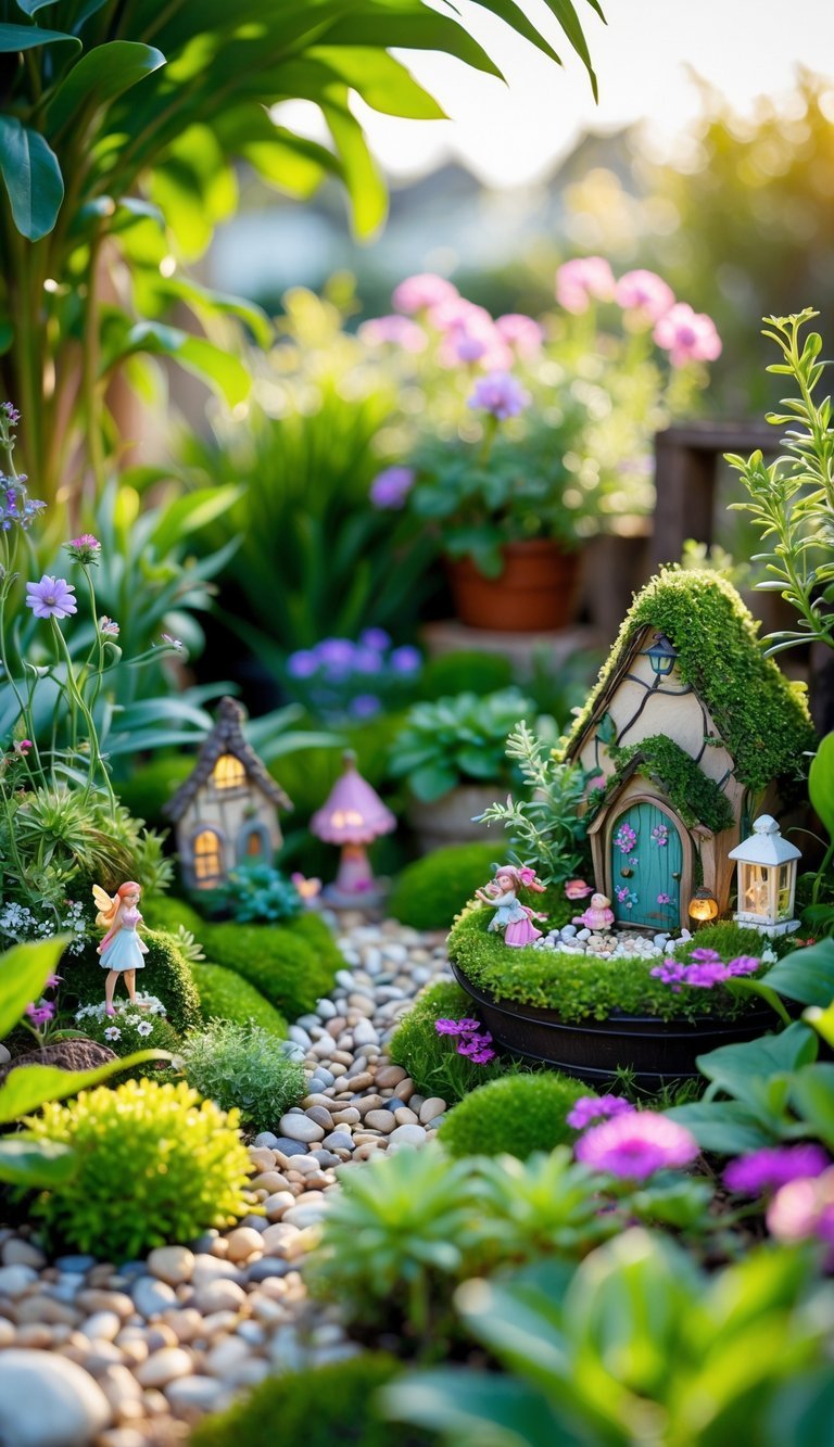 A miniature fairy garden corner with small plants, colorful flowers, tiny fairy figurines, and miniature houses arranged outdoors.