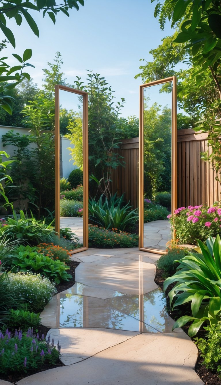 A garden with plants and flowers featuring large mirrors that reflect the greenery and sky, creating an illusion of extended space.