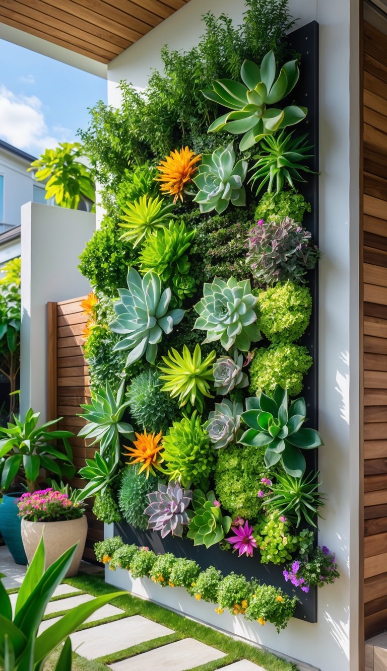A vertical garden wall with various green plants and flowers in a sunny outdoor backyard.