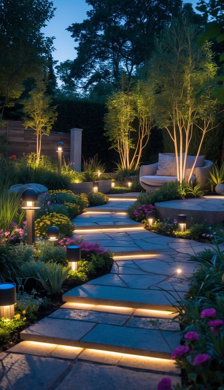 A garden at dusk with various creative lights illuminating plants, pathways, and seating areas.