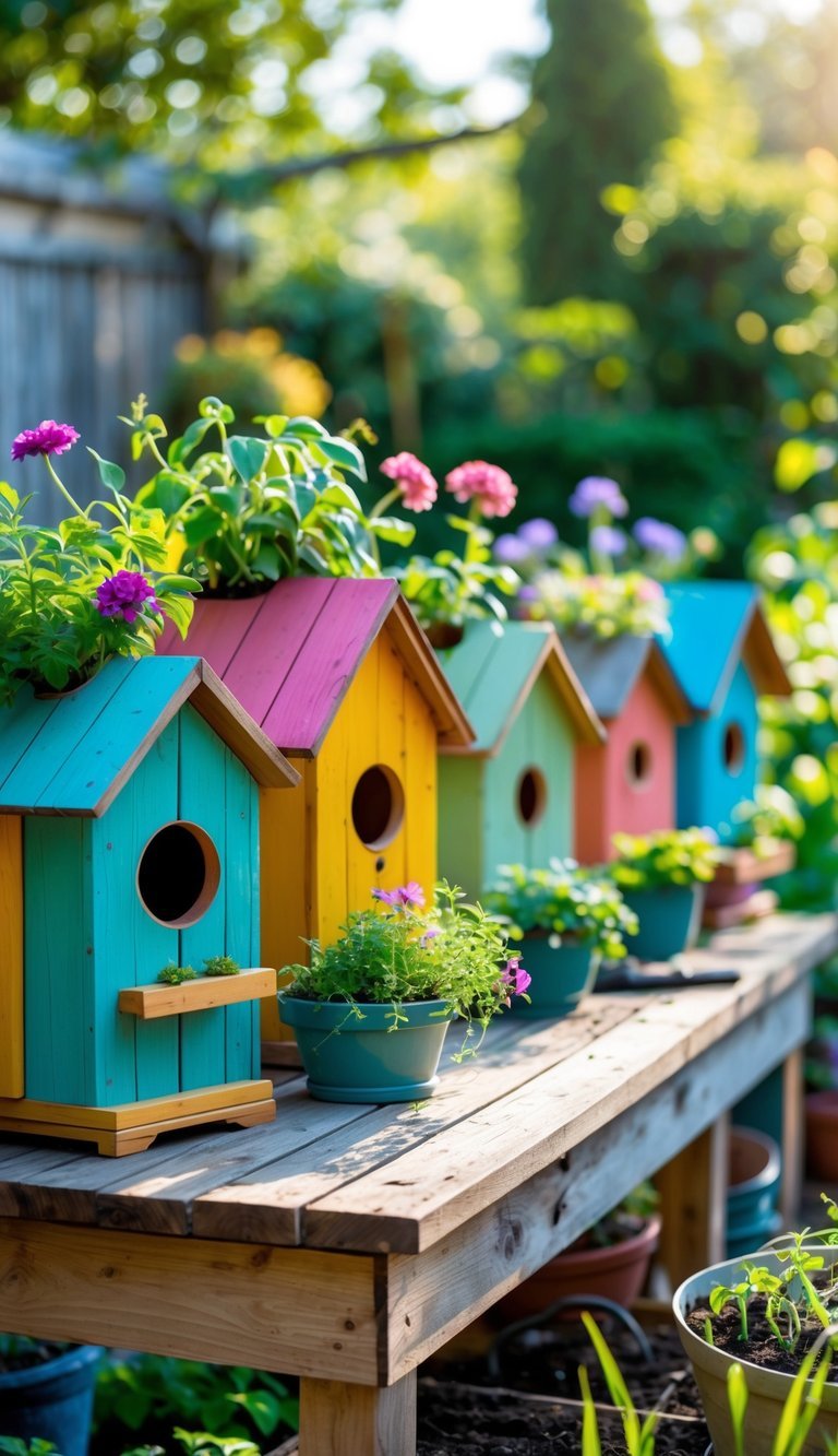 Colorful birdhouses used as planters filled with green plants and flowers arranged on a wooden table in a sunny garden.