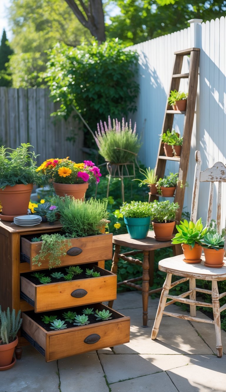 Outdoor garden scene with various upcycled furniture pieces used as planters filled with green plants and flowers.