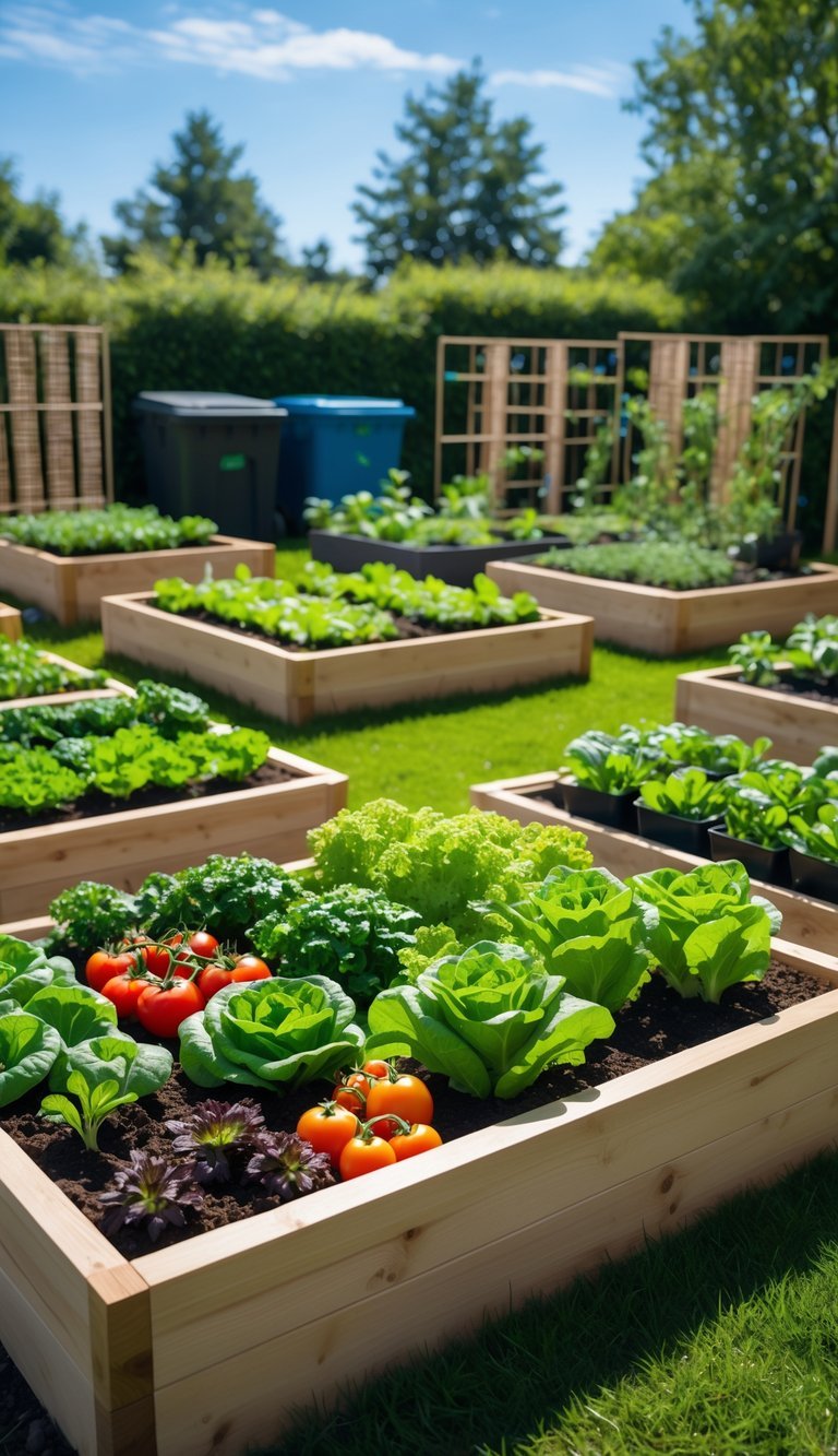 Outdoor garden with multiple wooden raised vegetable beds filled with various healthy vegetables and gardening tools.