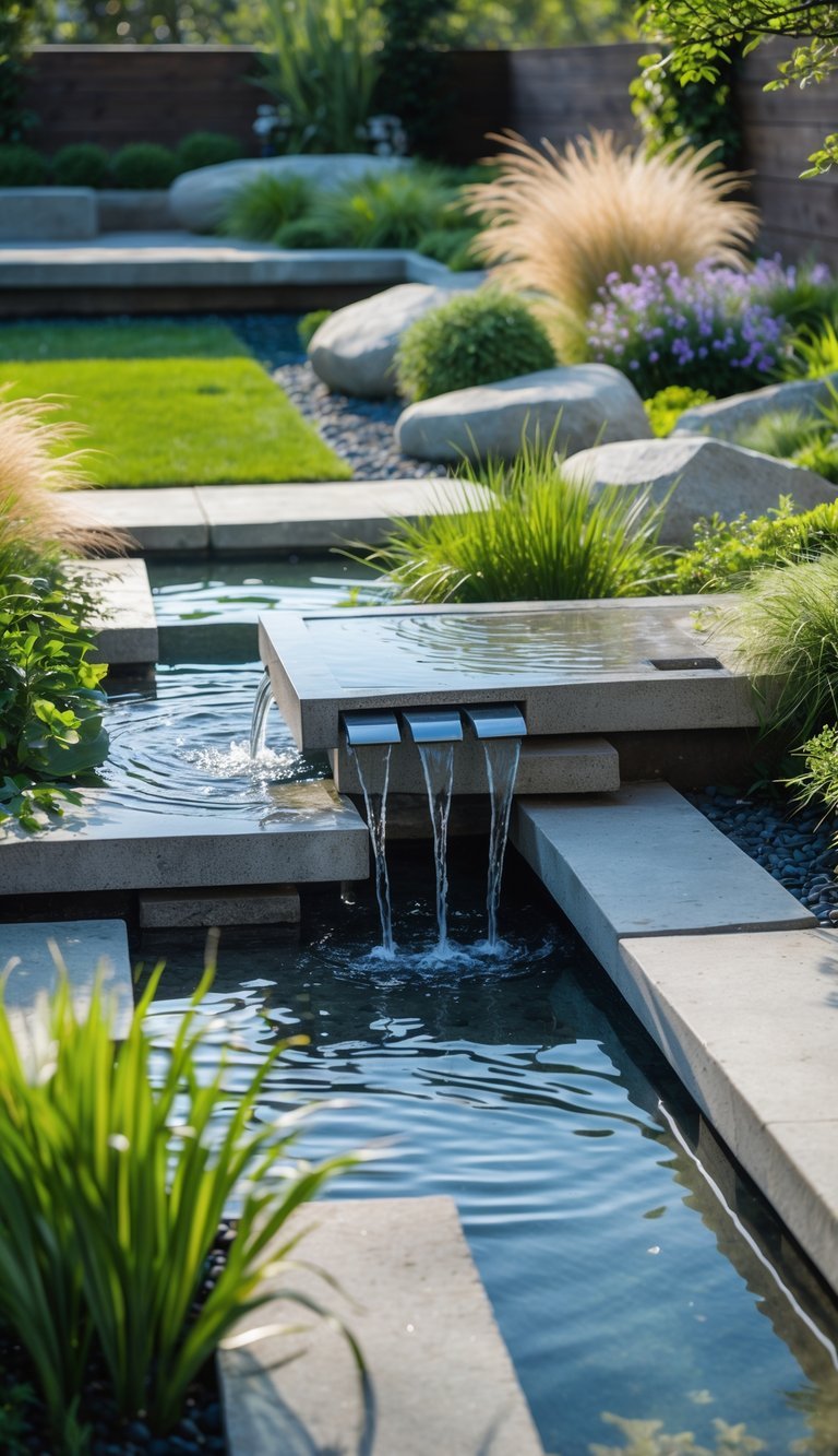 A garden with a modern multi-tiered water fountain surrounded by green plants, flowers, stone pathways, and benches.