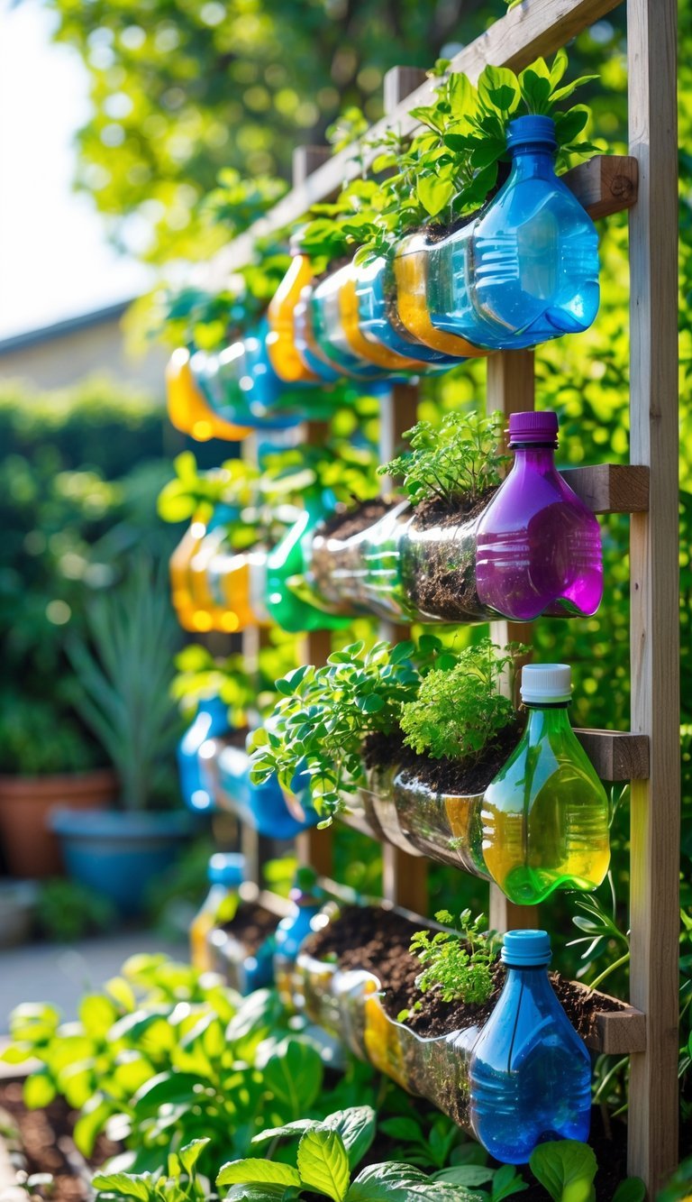 A garden with colorful recycled plastic bottles used as planters hanging vertically, filled with green plants and flowers in a sunny outdoor setting.