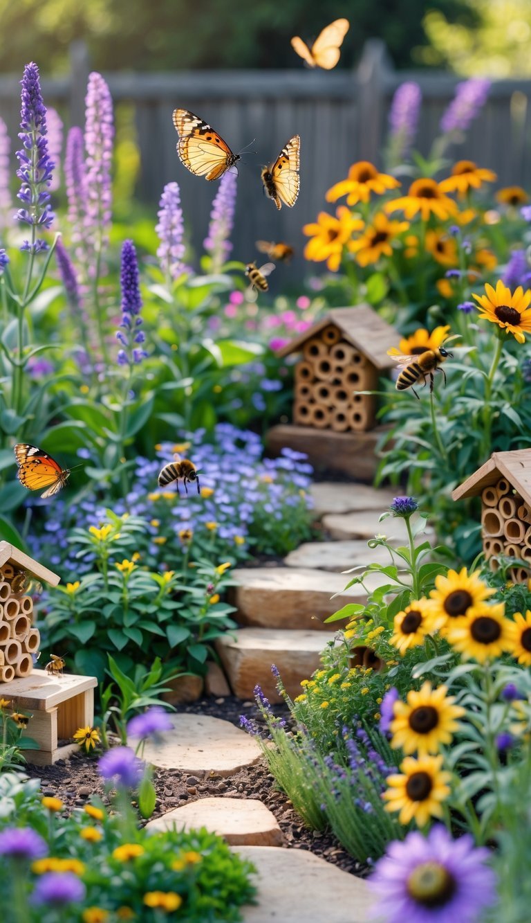 A colorful garden with flowers attracting butterflies and bees among plants and small wooden bee houses.