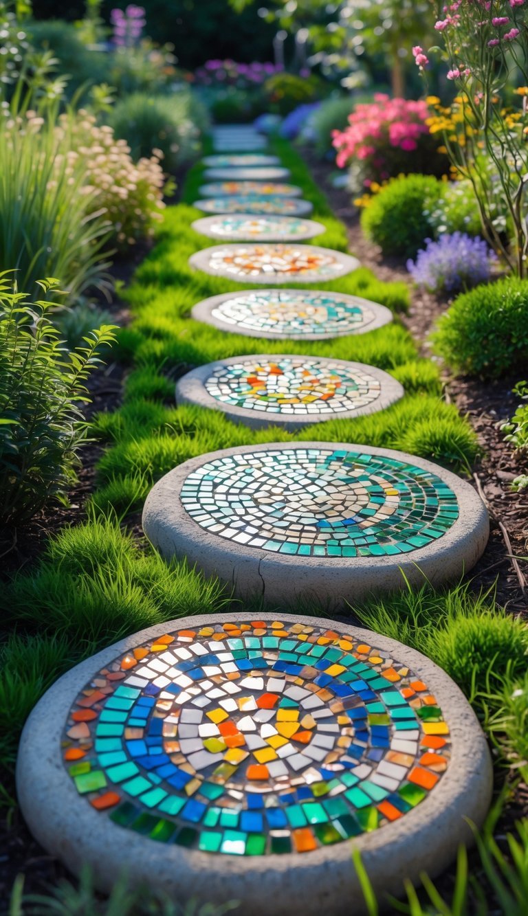 A garden pathway with colorful mosaic stepping stones surrounded by green grass and plants.