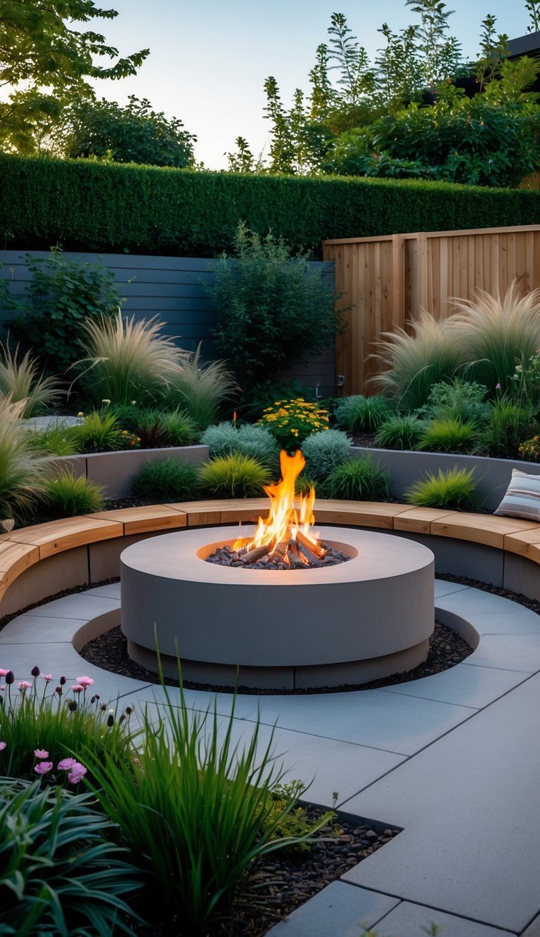 A sunken fire pit surrounded by seating in a garden with plants and flowers.