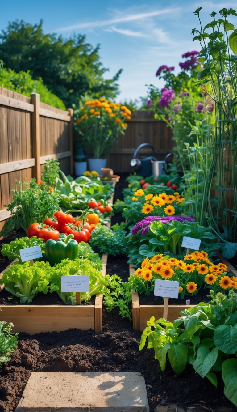 A backyard garden with raised beds containing vegetables and colorful flowers growing together under a clear blue sky.