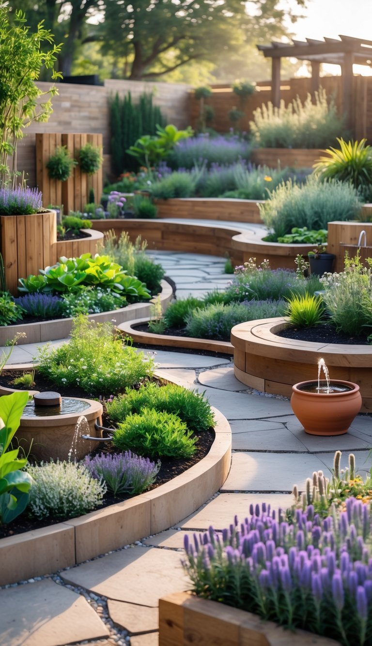 A peaceful garden with aromatic plants like lavender and rosemary arranged in creative beds with stone paths and wooden seating areas.