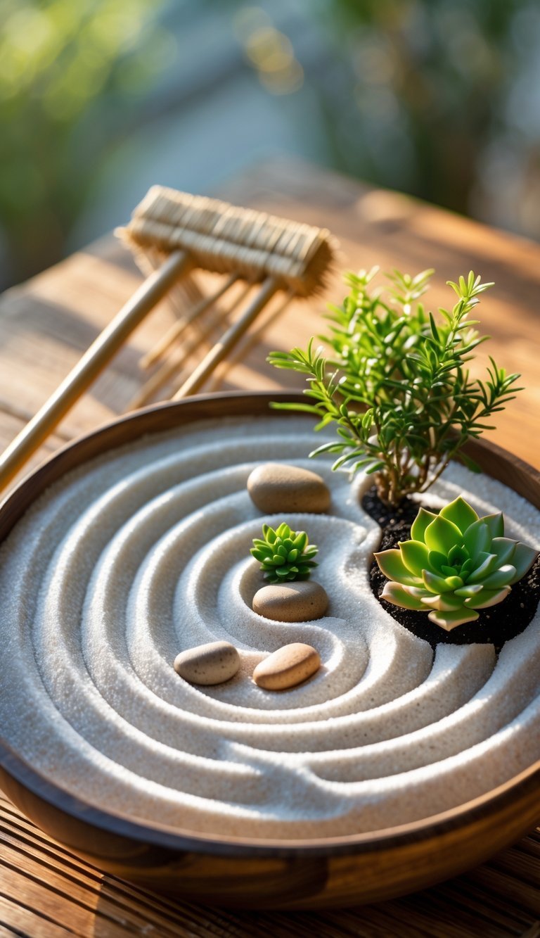 A mini Zen garden with sand, stones, and small plants on a wooden table.