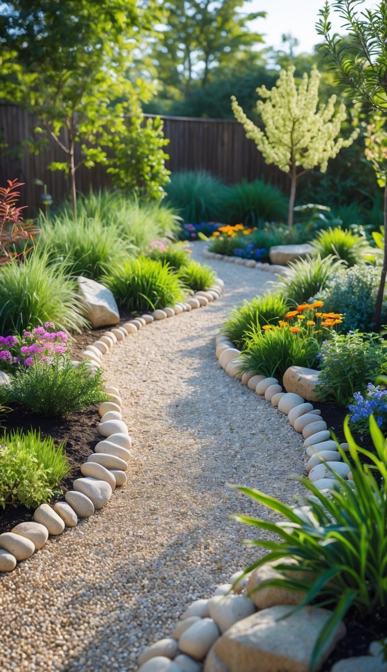 A gravel garden pathway winding through a lush garden with green plants and colorful flowers.
