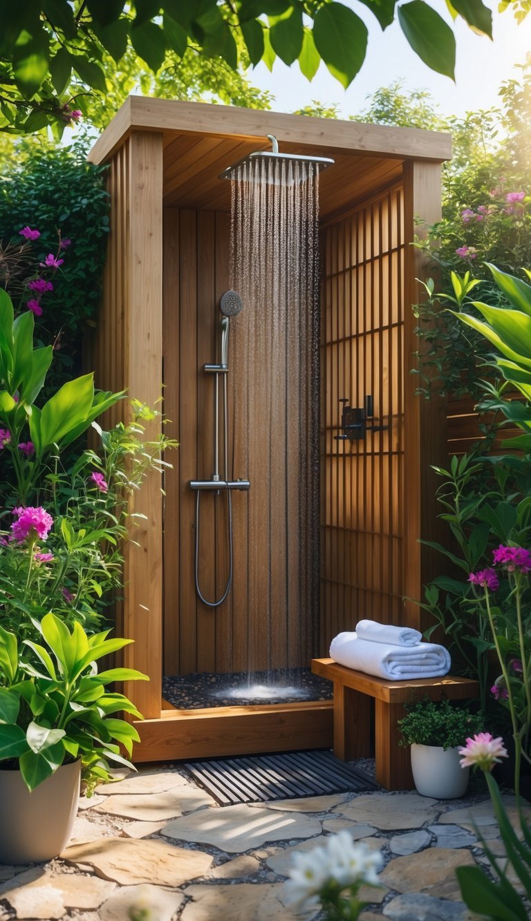 Garden Shower Ideas: 10 Expert Designs to Transform Your Outdoor Space in the US 2 An outdoor garden shower with wooden enclosure surrounded by green plants and flowers, sunlight filtering through leaves.