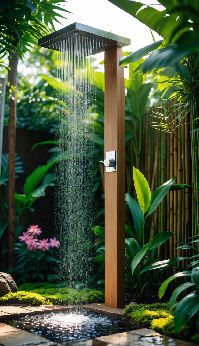 Garden Shower Ideas: 10 Expert Designs to Transform Your Outdoor Space in the US 3 An outdoor rainfall shower in a garden surrounded by green plants and flowers with water flowing from the showerhead.