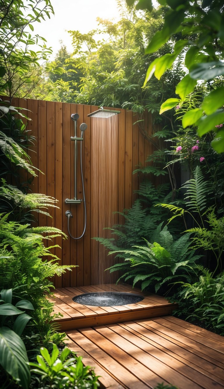 Garden Shower Ideas: 10 Expert Designs to Transform Your Outdoor Space in the US 4 An outdoor wooden deck shower surrounded by green plants and flowers in a garden setting.