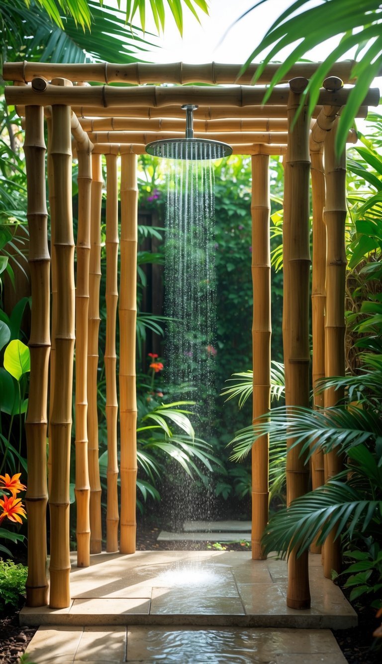 Garden Shower Ideas: 10 Expert Designs to Transform Your Outdoor Space in the US 5 An outdoor garden shower enclosure made of bamboo with a rainfall showerhead surrounded by green plants and stone flooring.