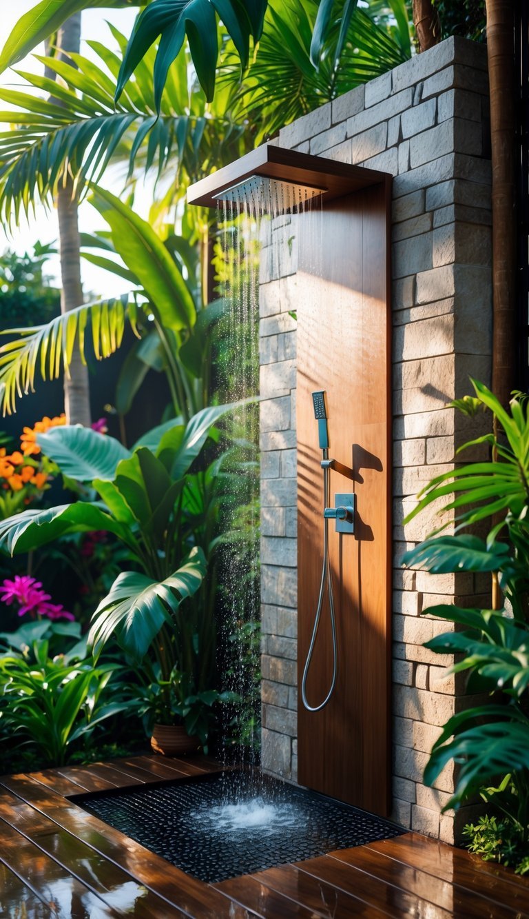 Garden Shower Ideas: 10 Expert Designs to Transform Your Outdoor Space in the US 6 An outdoor shower with a wooden panel and rainfall showerhead surrounded by lush tropical plants and greenery in a garden setting.