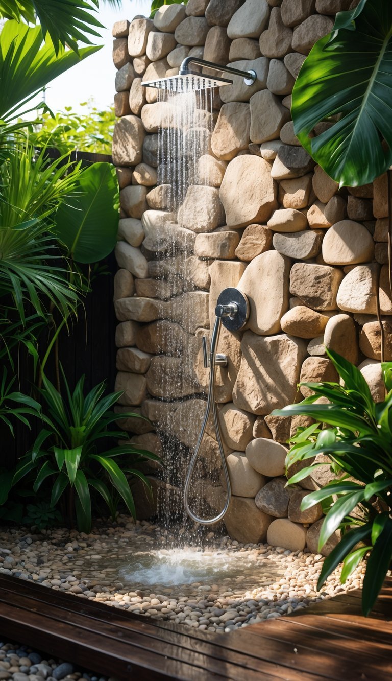 Garden Shower Ideas: 10 Expert Designs to Transform Your Outdoor Space in the US 7 Outdoor garden shower with water flowing from a shower head mounted on a natural stone wall surrounded by green plants.