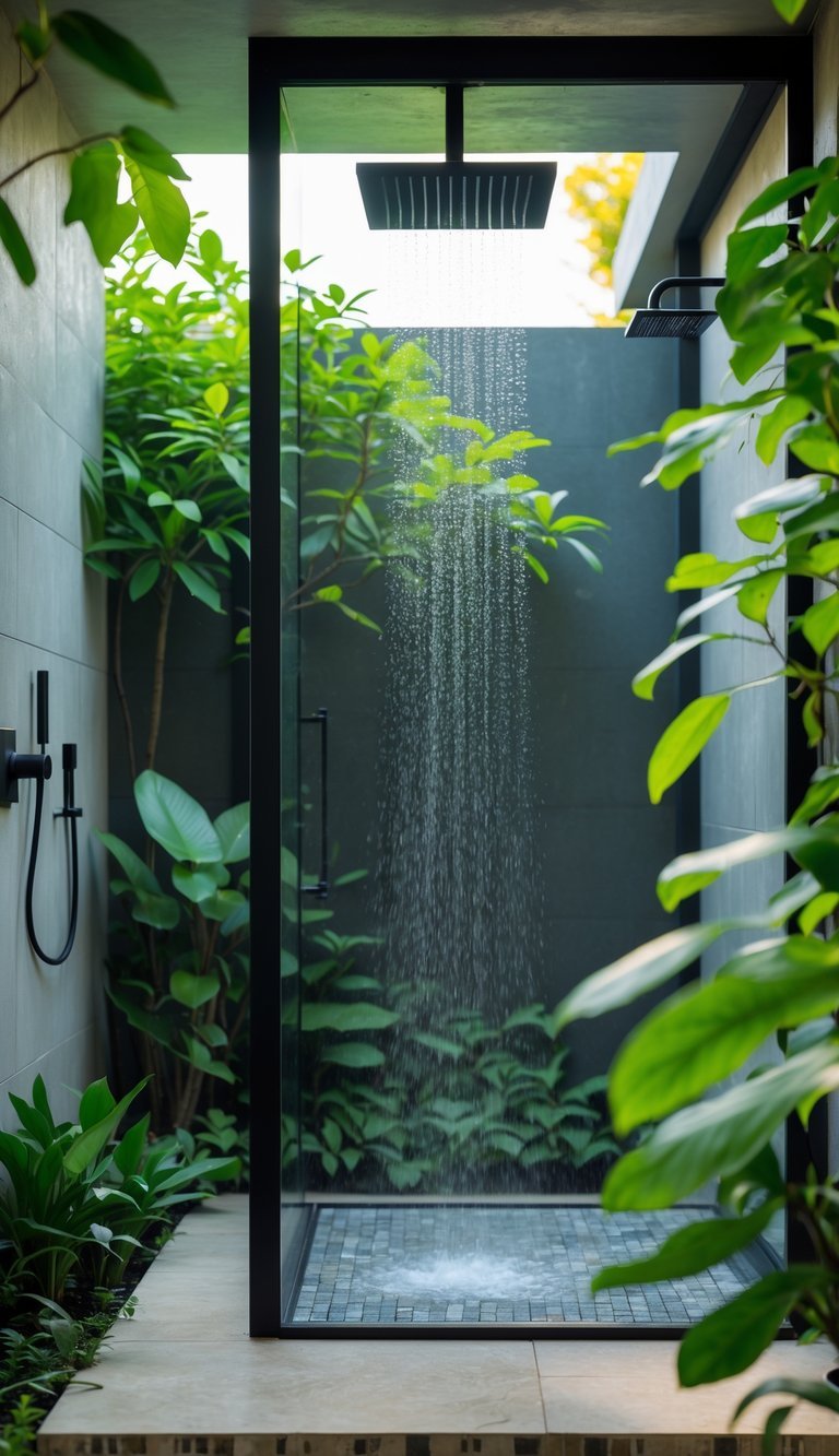 Garden Shower Ideas: 10 Expert Designs to Transform Your Outdoor Space in the US 8 A modern shower with glass walls surrounded by green plants and natural stone flooring.