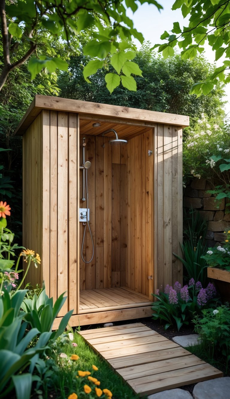 Garden Shower Ideas: 10 Expert Designs to Transform Your Outdoor Space in the US 9 A rustic wooden shower cabin surrounded by green plants and flowers in a garden.