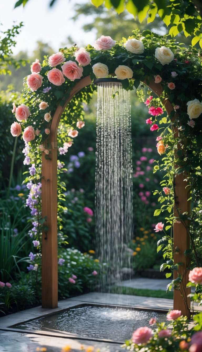 Garden Shower Ideas: 10 Expert Designs to Transform Your Outdoor Space in the US 10 An outdoor garden shower framed by a flower-covered arch surrounded by greenery and blooming flowers.