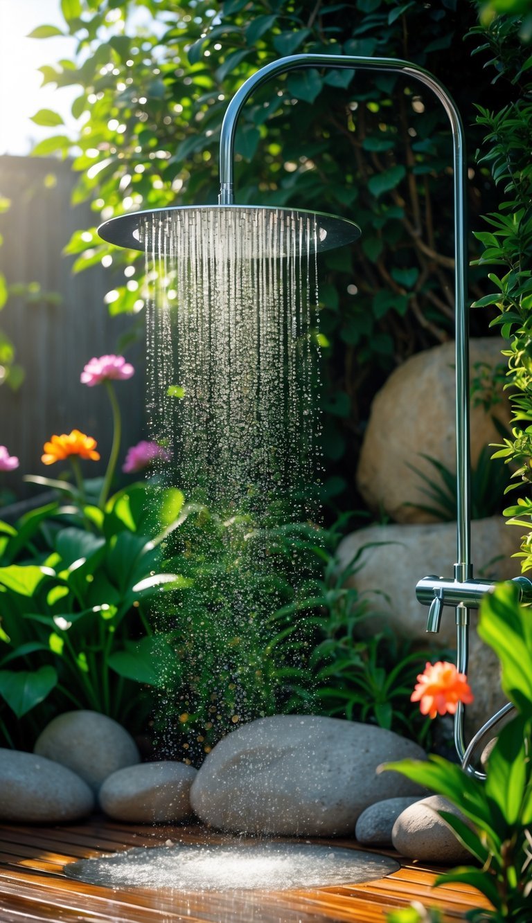 Garden Shower Ideas: 10 Expert Designs to Transform Your Outdoor Space in the US 11 Outdoor garden shower with a hanging rain shower head surrounded by green plants and flowers, water flowing from the shower head.