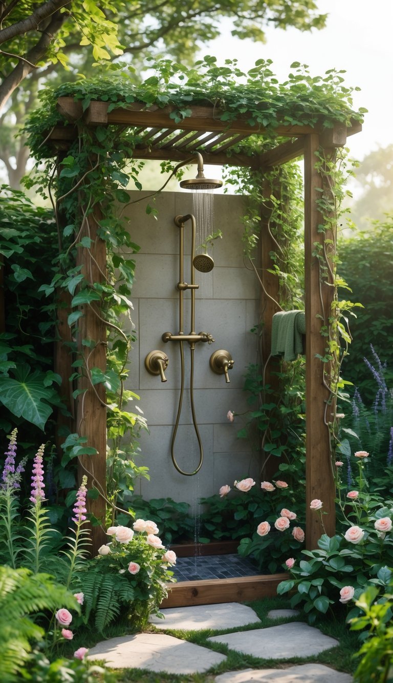 Garden Shower Ideas: 10 Expert Designs to Transform Your Outdoor Space in the US 12 An outdoor garden shower with brass fixtures surrounded by green plants and flowers in a peaceful garden setting.