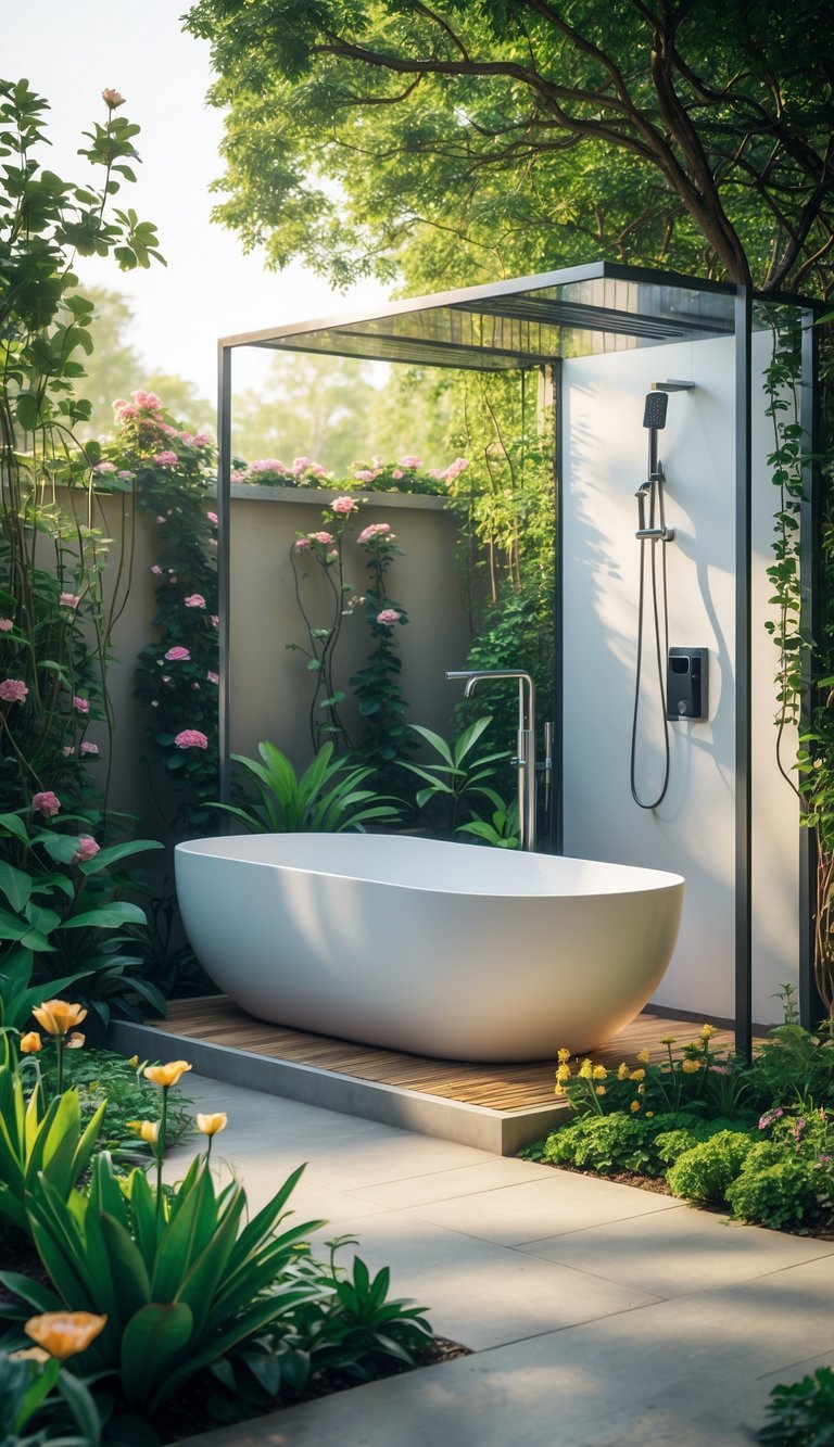Garden Shower Ideas: 10 Expert Designs to Transform Your Outdoor Space in the US 13 A freestanding bathtub and shower combo set outdoors in a garden surrounded by plants and flowers.