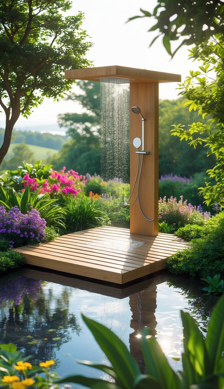 Garden Shower Ideas: 10 Expert Designs to Transform Your Outdoor Space in the US 14 An elevated wooden outdoor shower platform surrounded by green plants and trees with a view of a garden and distant hills.