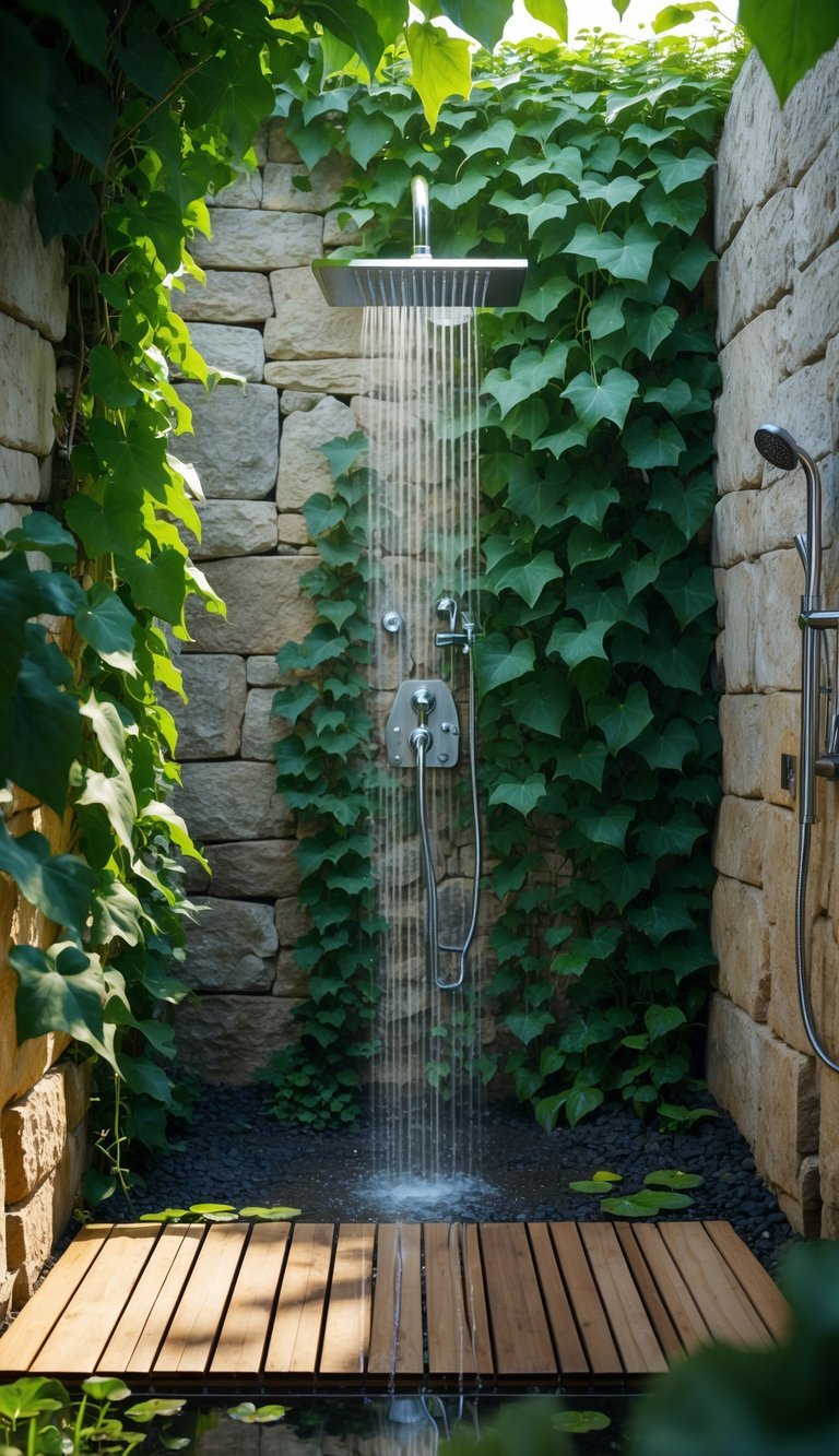 Garden Shower Ideas: 10 Expert Designs to Transform Your Outdoor Space in the US 15 Outdoor shower surrounded by green ivy on stone walls with water flowing from a rainfall showerhead.