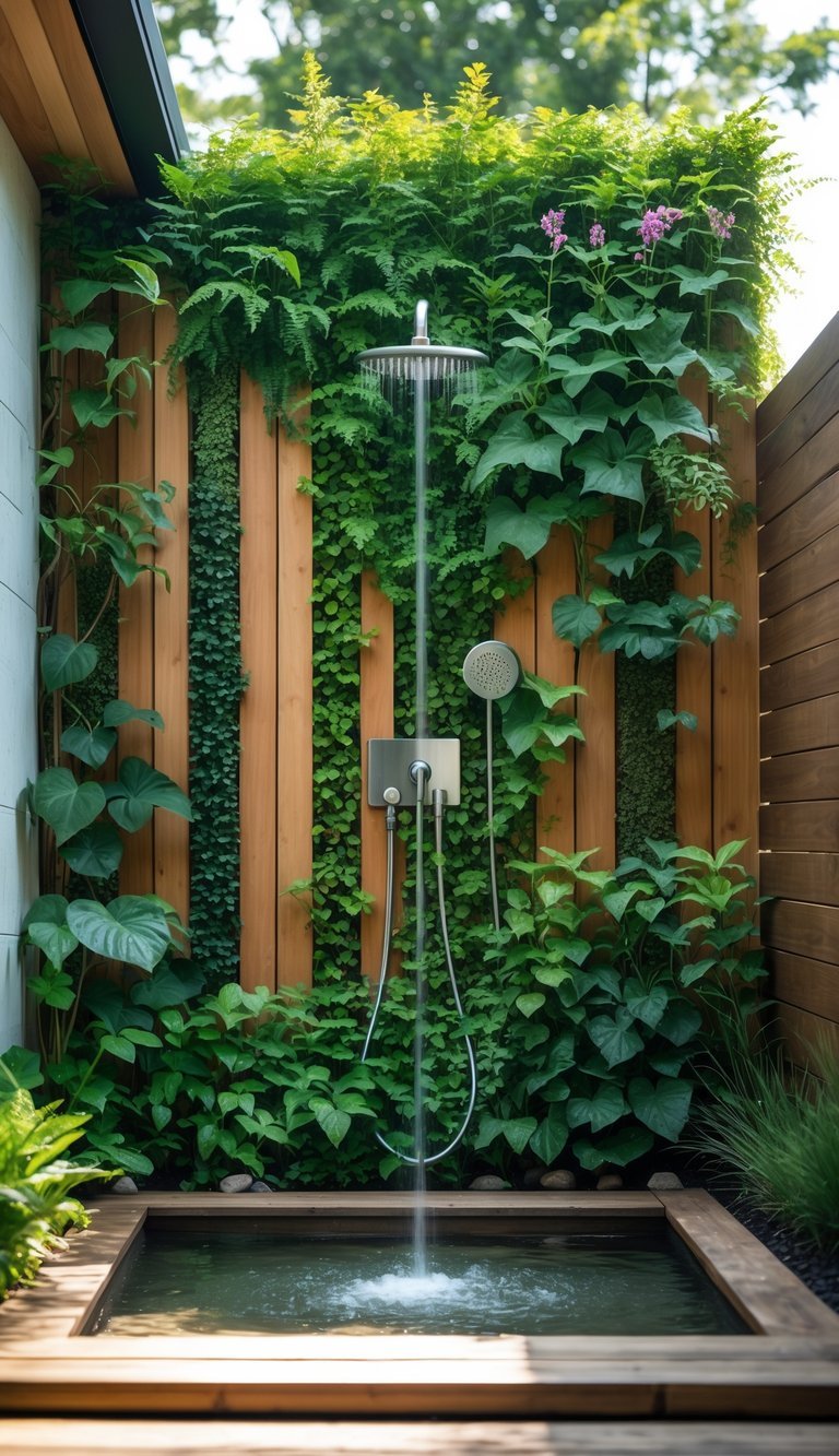 Garden Shower Ideas: 10 Expert Designs to Transform Your Outdoor Space in the US 16 Outdoor garden shower with a wooden privacy wall covered in green plants and a modern shower fixture.