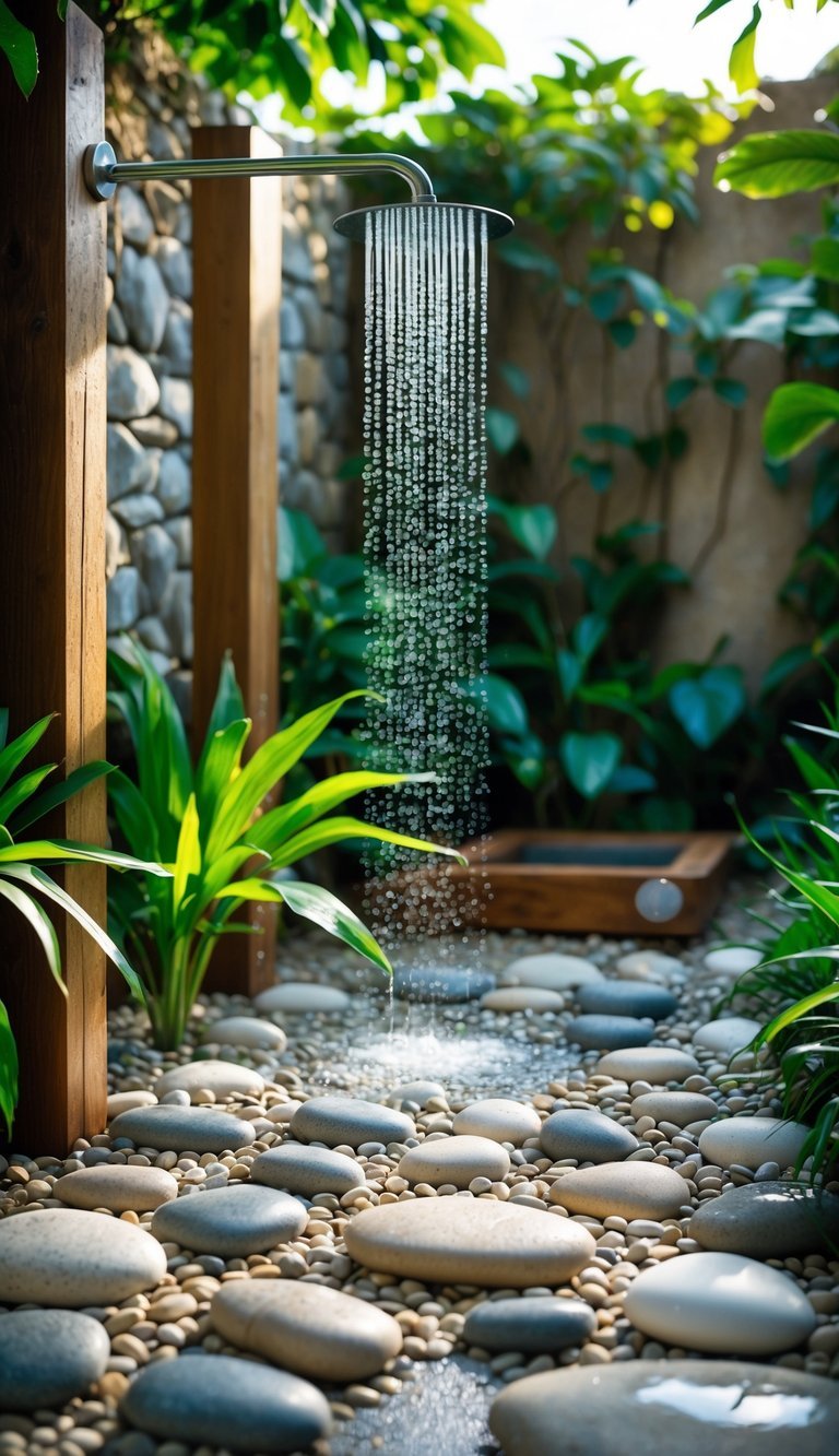 Garden Shower Ideas: 10 Expert Designs to Transform Your Outdoor Space in the US 17 Outdoor garden shower with a pebble stone floor surrounded by green plants and natural wooden elements.