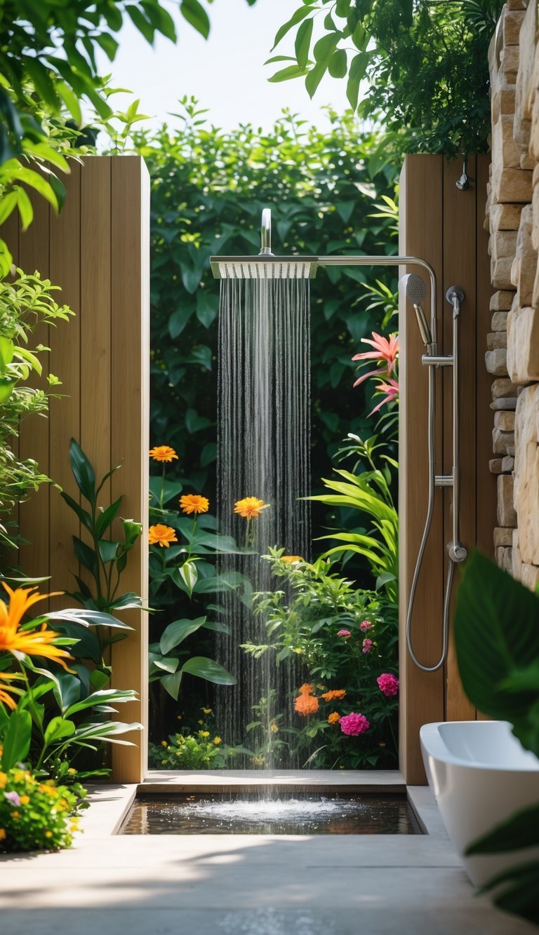 Garden Shower Ideas: 10 Expert Designs to Transform Your Outdoor Space in the US 18 An outdoor shower with water flowing, surrounded by green plants and colorful flowers in a garden setting.