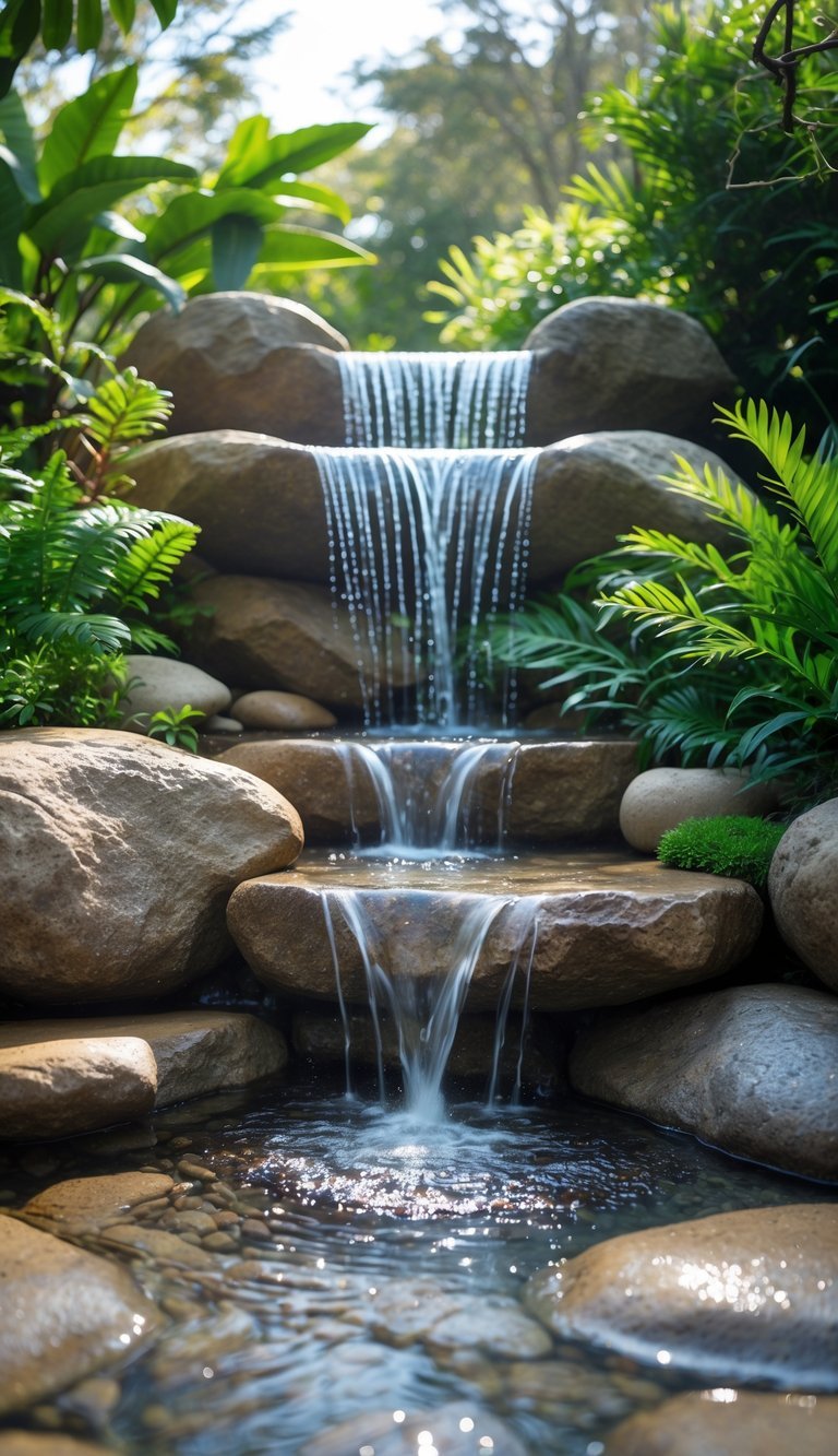 Garden Shower Ideas: 10 Expert Designs to Transform Your Outdoor Space in the US 19 A natural rock waterfall flowing in a garden surrounded by green plants and sunlight.