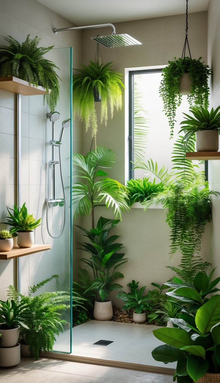 Garden Shower Ideas: 10 Expert Designs to Transform Your Outdoor Space in the US 20 A compact corner shower surrounded by green plants and natural stone tiles in a bright bathroom.