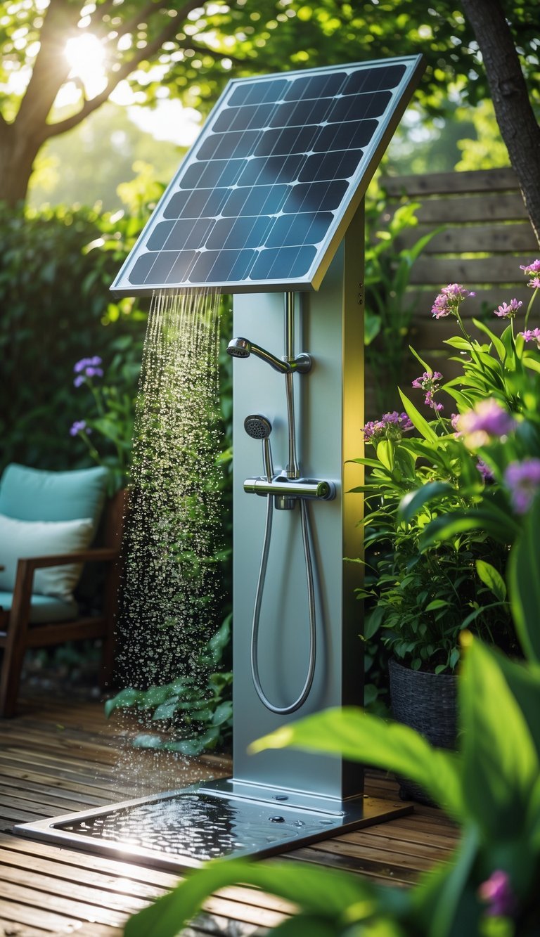 Garden Shower Ideas: 10 Expert Designs to Transform Your Outdoor Space in the US 21 An outdoor solar-powered shower surrounded by green plants and flowers in a backyard garden.