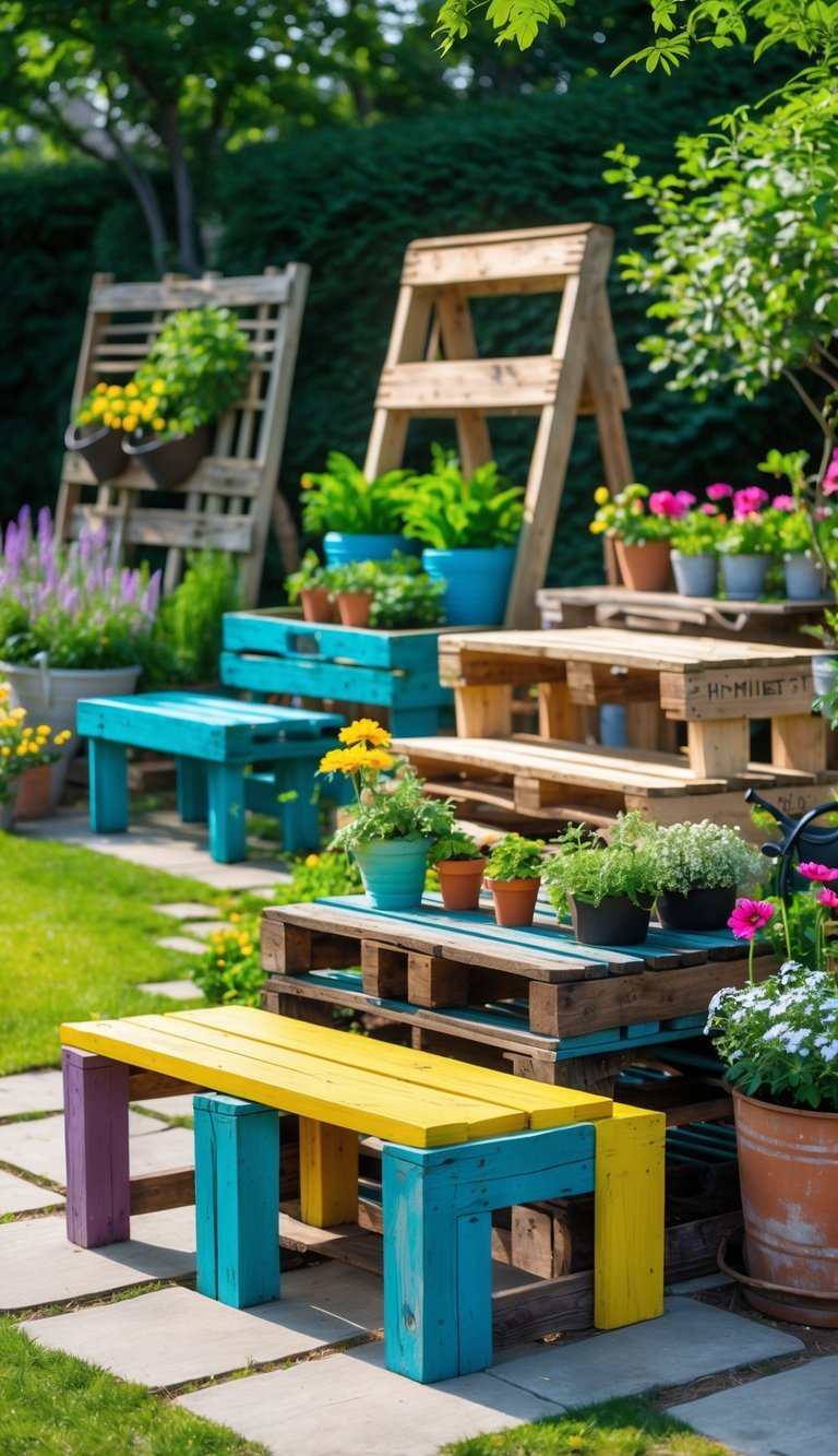 10 Upcycled Furniture Garden Ideas to Transform Your Outdoor Space in the US 2 A garden with colorful upcycled furniture including wooden pallet benches, a ladder plant stand, and a wheelbarrow planter surrounded by green plants and flowers.
