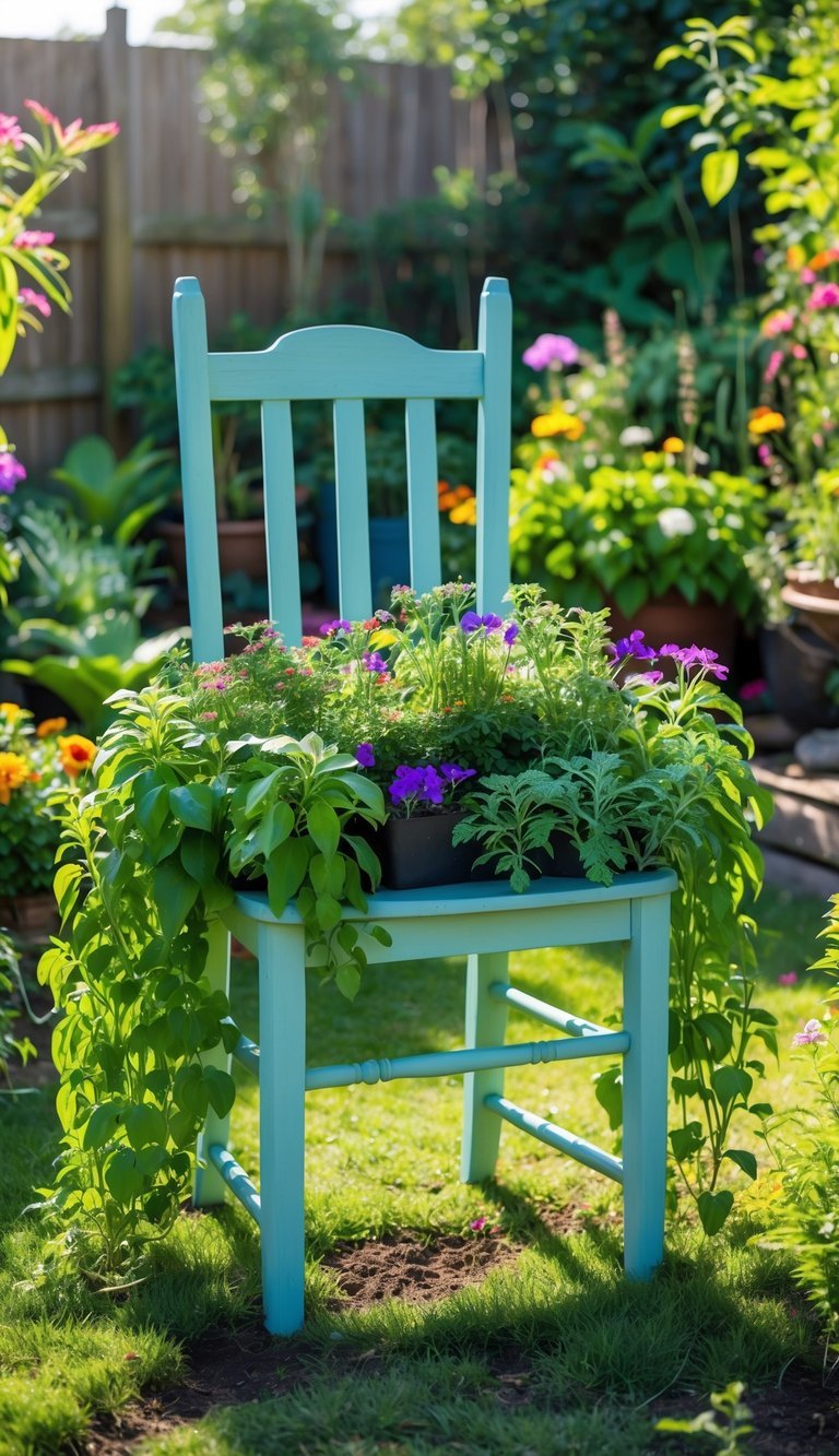 10 Upcycled Furniture Garden Ideas to Transform Your Outdoor Space in the US 3 A wooden chair used as a planter with green plants and colorful flowers in a garden.