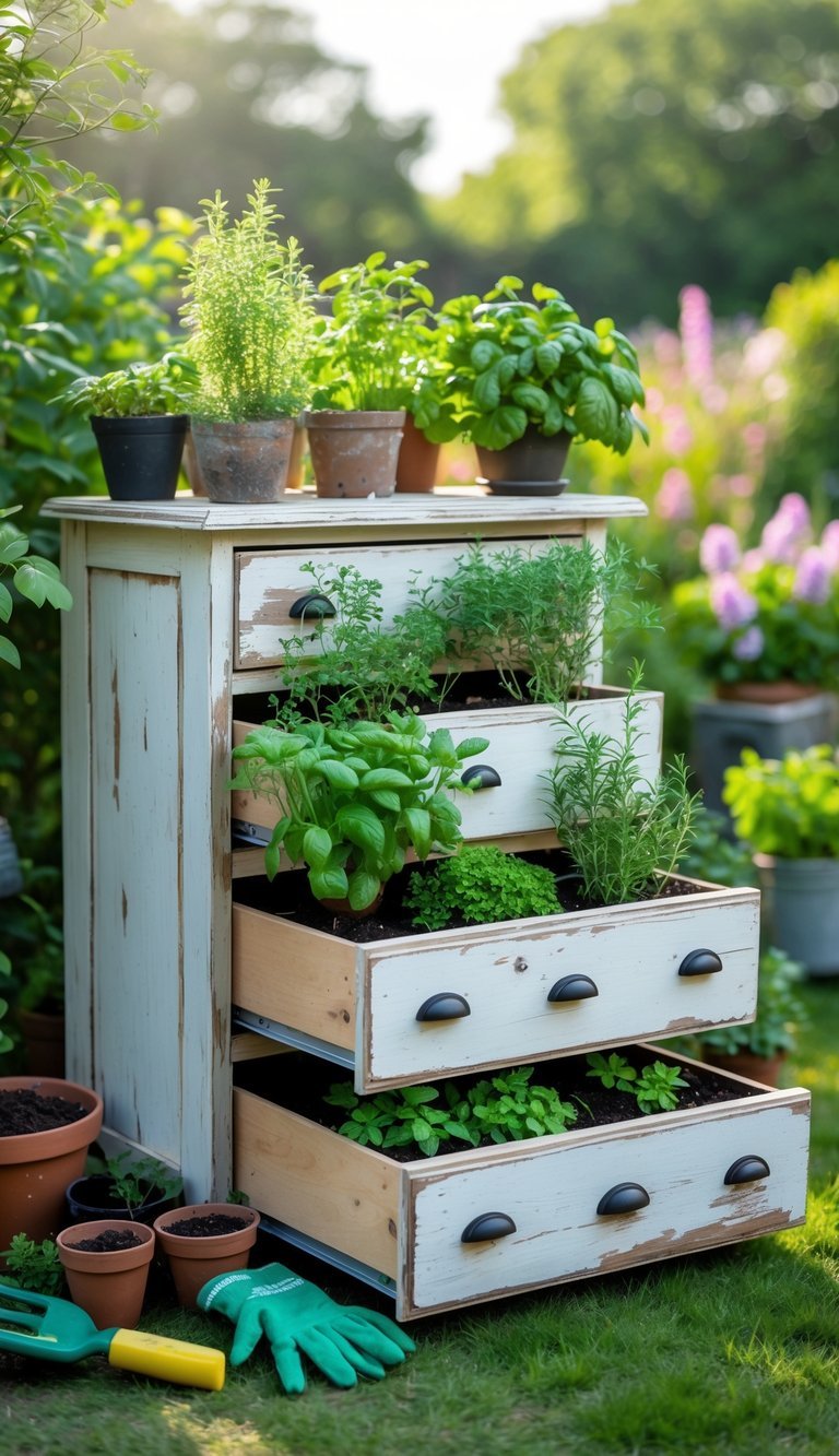 10 Upcycled Furniture Garden Ideas to Transform Your Outdoor Space in the US 4 A wooden dresser with drawers pulled out and filled with various green herbs growing in soil, placed outdoors in a garden setting.
